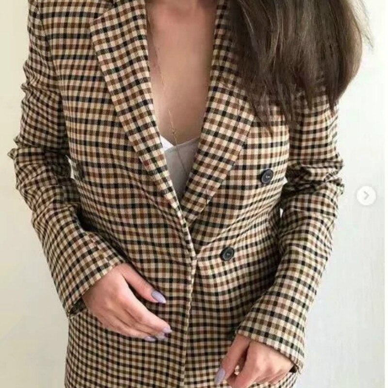 Veste à manches longues à carreaux pour femmes, Blazer à carreaux, Slim, col rabattu, rétro, col en v, costumes OL, boucles, manteau à Double boutonnage, collection décontracté