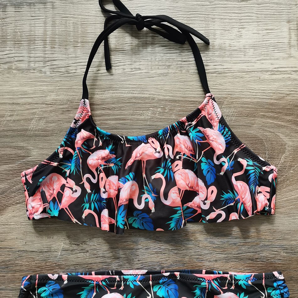 Piger badedragt flamingo print 2 stykke børnetøj 7-14 år pige bikini sæt halter top pige badedragt strandtøj