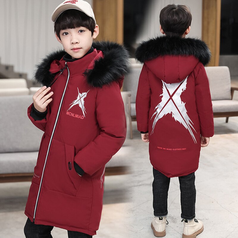Veste d'hiver pour enfants garçons manteau en duvet solide moyen Long enfants Parka pour garçon noir col en fourrure à capuche épais vêtements d'extérieur TZ529