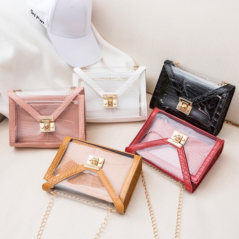 Kleine PVC PU Leder Transparent Schulter Handtaschen Set Für Frauen Mini Handy Kette Haspe Umhängetasche Messenger Tasche