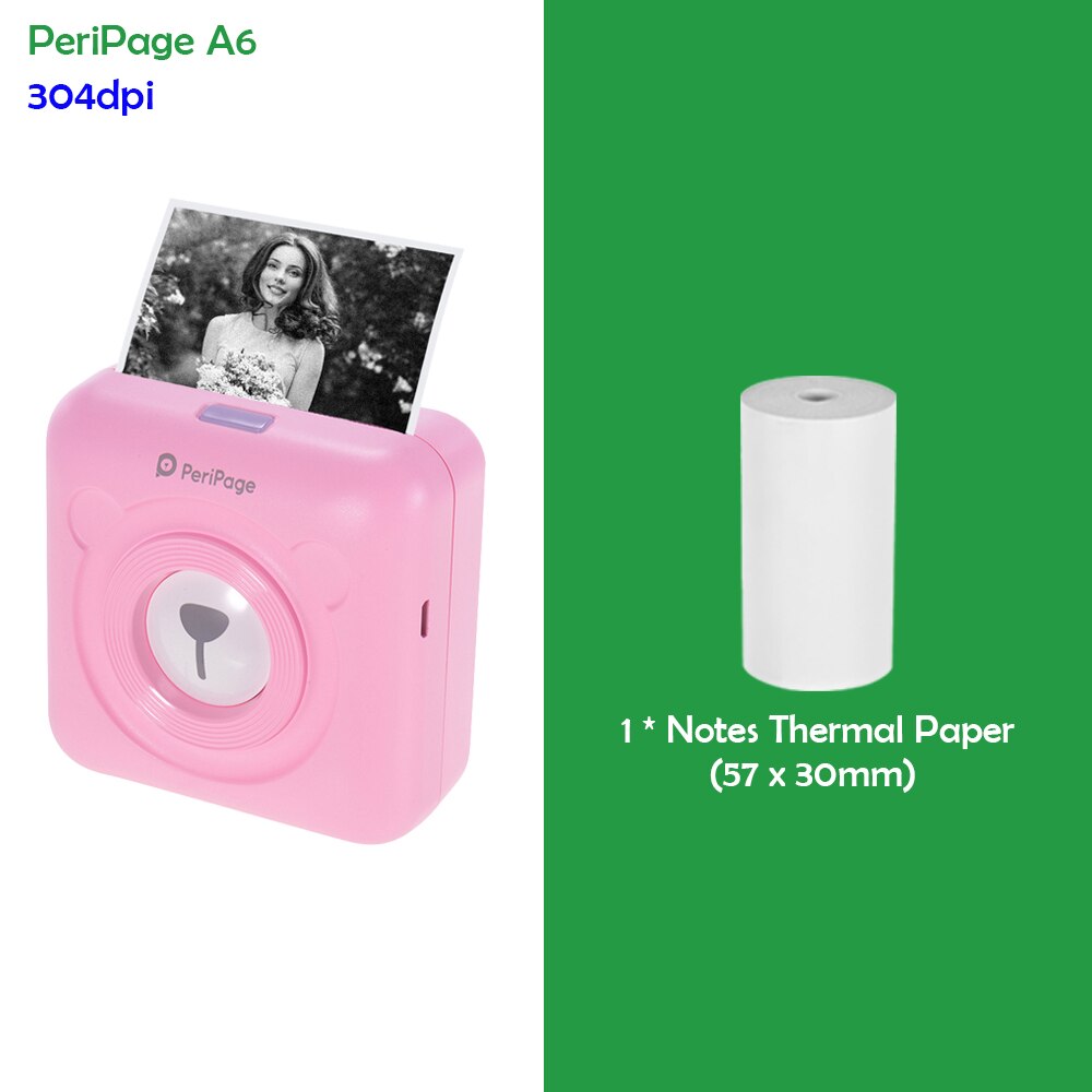 PeriPage A6 Mini Pocket Printer 304DPI Wireless BT Thermal Printer Picture Photo Label Memo Notes Journal Receipt Paper Printer: Pink