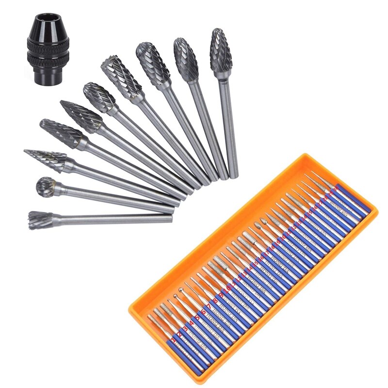 11X Multi-Function Three-Jaw Mini Drill Chuck with 30 Pcs Bur Diamond Grinding Head Set Coated Carving Burrs Rotary Tool