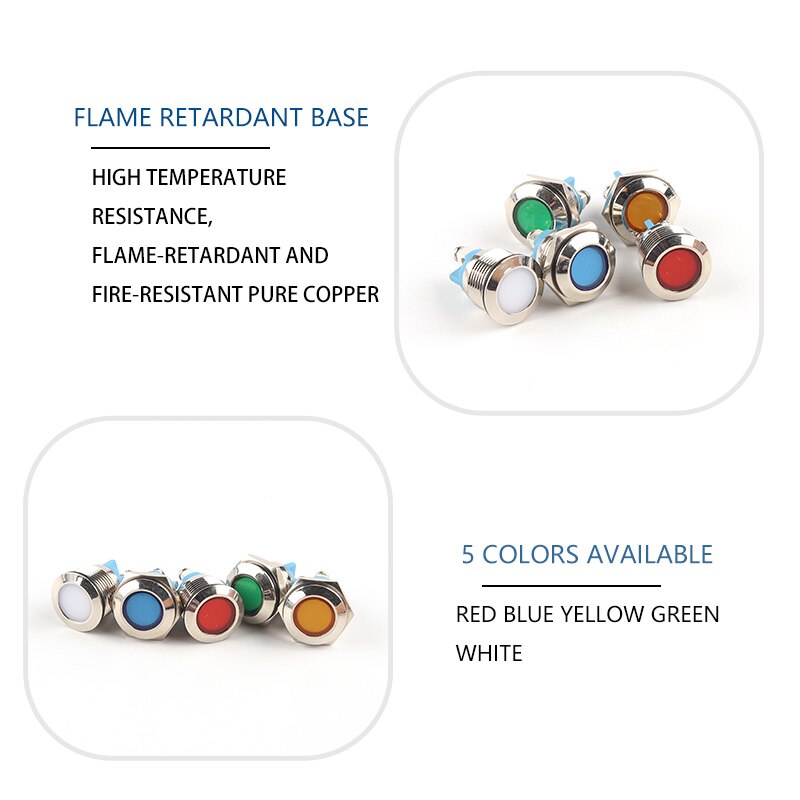 Voyant lumineux LED étanche en métal avec vis, 16mm, 6V 12V 24V 220V, rouge, jaune, bleu, vert, blanc