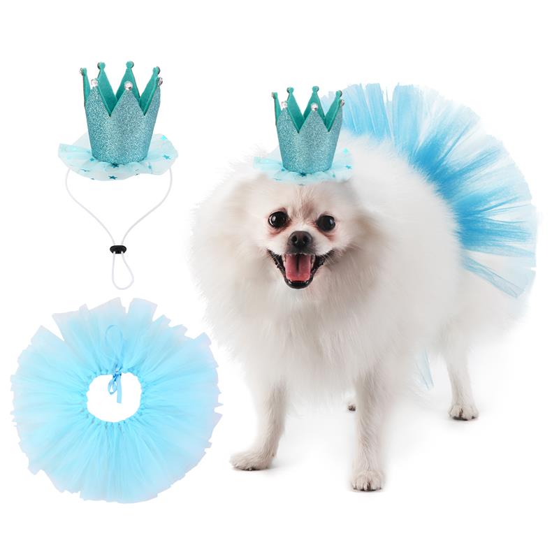 2 Stks/set Huisdier Tutu Rok Leuke Party Bubble Rok Pet Kostuum Rok Met Pet Crown Hoofdband Voor Verjaardagsfeestje Jurk: Blue