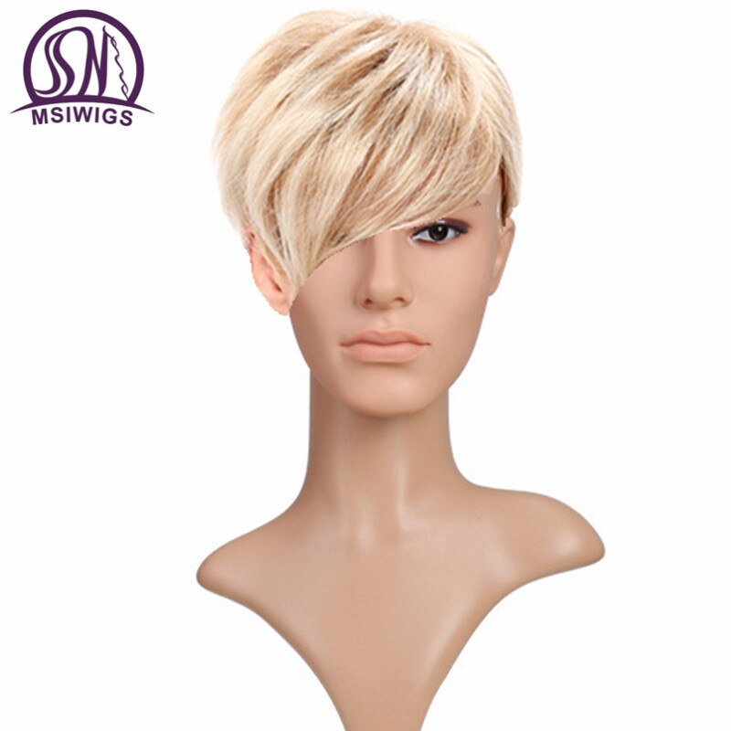 Msiwigs Korte Blonde Man Synthetische Pruiken Amerikaanse Europese 6 Inch Rechte Mannen Pruik Met Gratis Haar Cap Hittebestendige: Platinum Blonde