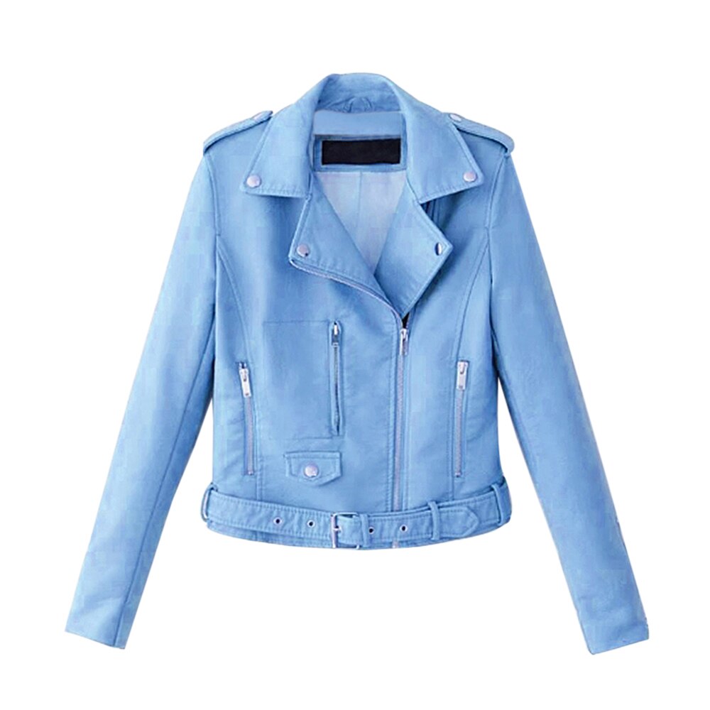 Autumn Women Slim Cool Lady PU Leather Jackets Sweet Female Zipper Faux Femme Outwear Coat Plus Size Short Jackets: blue / Asian Size S