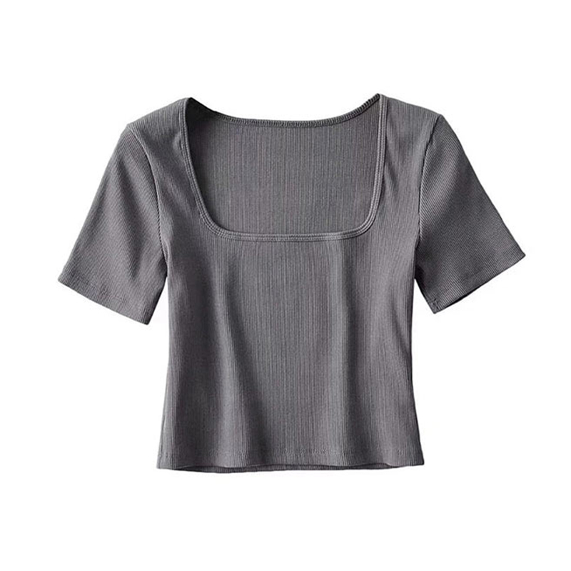 Haut court côtelé à col carré pour femme, t-shirt à manches courtes: S / Gris foncé