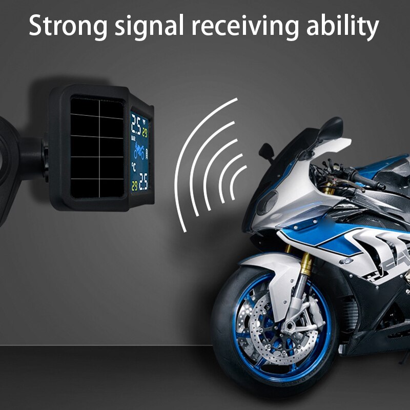 Solladning motorsykkel tpms motordekk temperaturovervåkonge alarmsystem med 2 eksterne sensorer