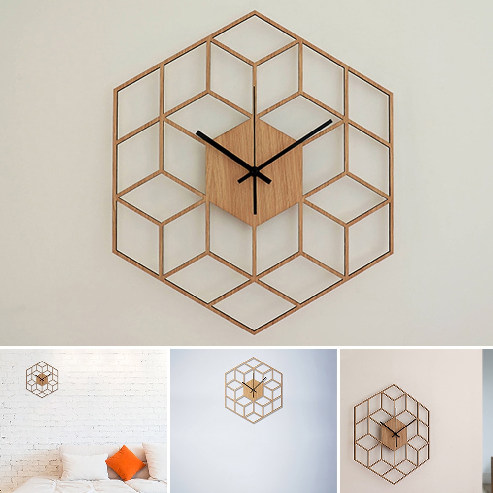 Reloj de pared de cuarzo Hexagonal de madera de bambú para decoración del hogar, reloj de pared de cuarzo, grande, silencioso, geométrico