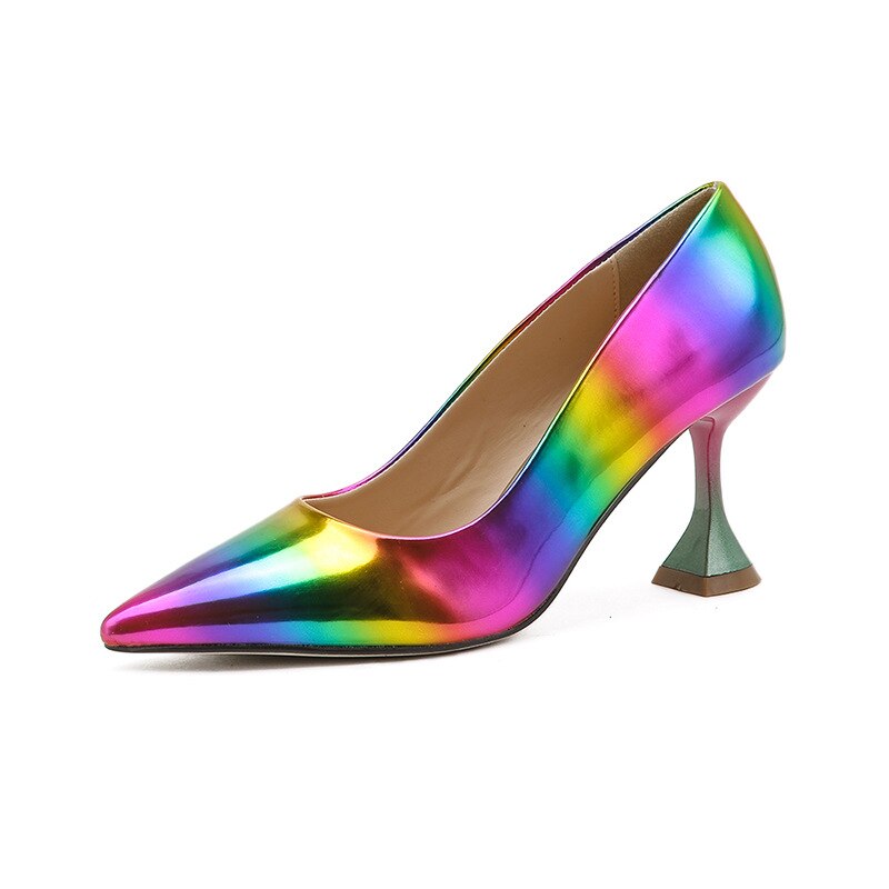 Echte foto kleurrijke regenboog bedrukte puntige neus vrouw dame vrouw 8cm hoge hakken pump: 41