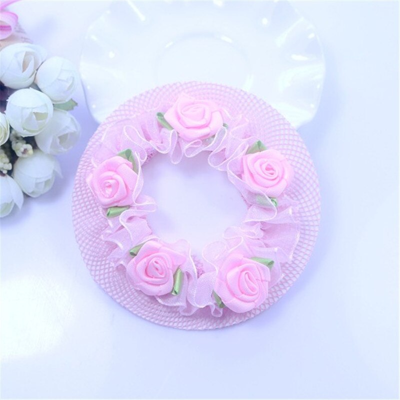 Cute Flower Girls Bun Hair Nets Mesh Cap Adjustable Kids 5 Colors Ballet Dance Grade Examination Elastic Hair-net Maker Headband: Pink