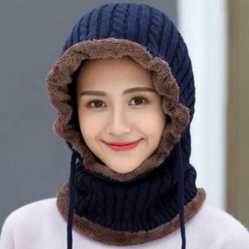 Pasamontañas de punto con Cable para mujer, gorro térmico forrado de felpa, a prueba de viento, con cordón, cubierta completa, capucha, bufanda, Invierno