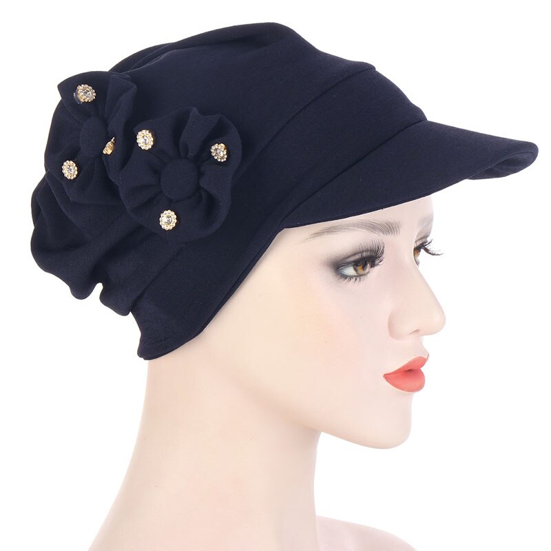 Muslim Turban Hijab Cap Women Turban Hat With Brim Flowers Head Wraps Solid Sun Protection Hats Lady Head Wear Turban: Navy Blue