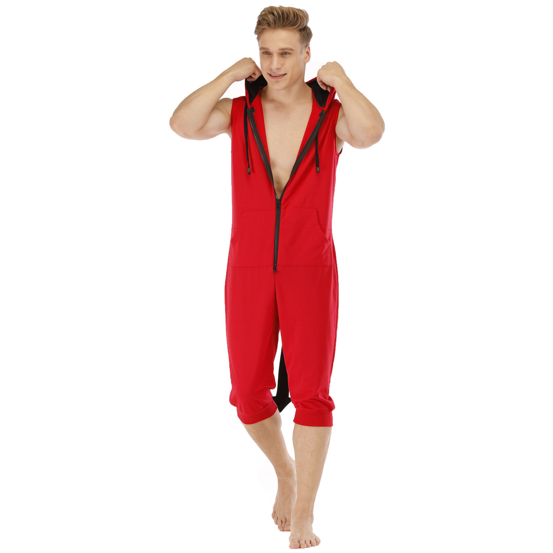 Summer Hooded Jumpsuit Pajamas For Men Short Sleeve Sleep Suit Onesie For Adults