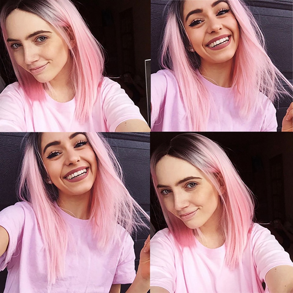 Meifan ombre pink/sort lige varmebestandige syntetiske hårparykker til kvinder naturligt hår kort bob cosplay eller festparykker