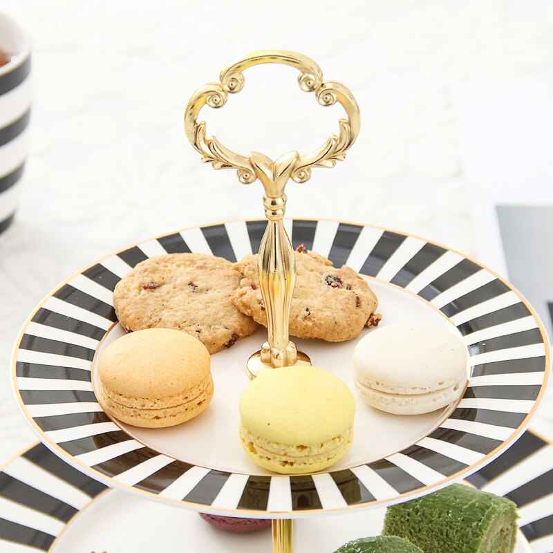 2 tier Cake Plate Stand Black and White Check Porcelain Snack Plate Fruit Holder Classic Ceramic Kitchen Dish For Party Wedding