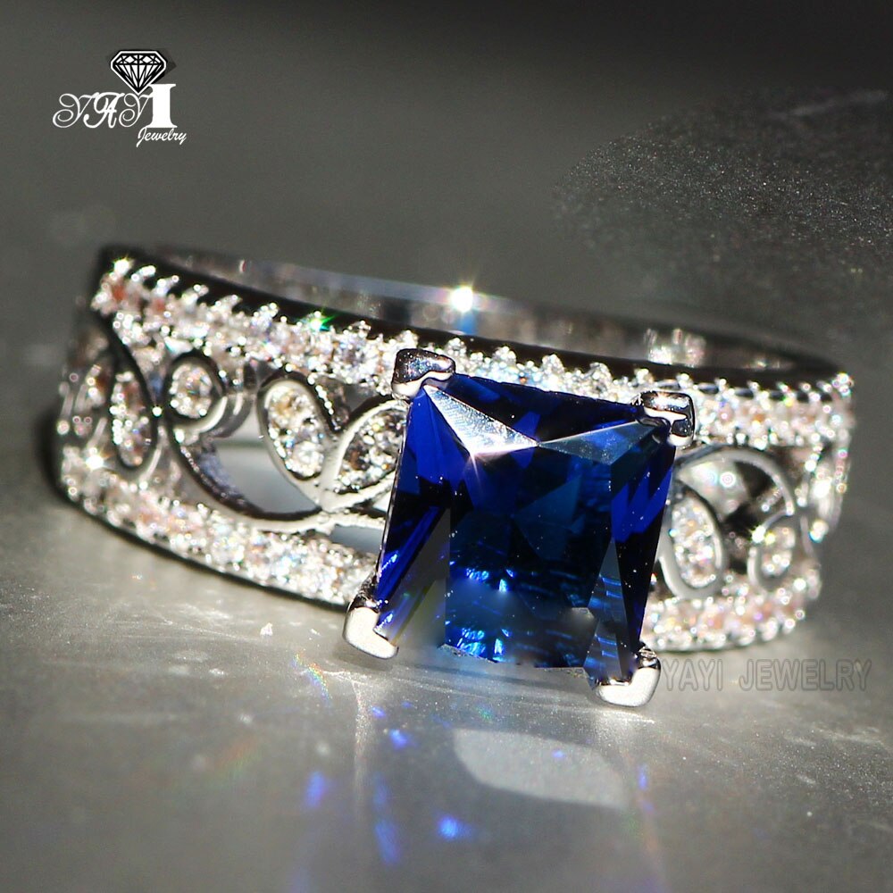 Joyería YaYI de corte princesa, anillos de compromiso de circonita azul de 3,2 CT, anillos de boda, anillos de 637