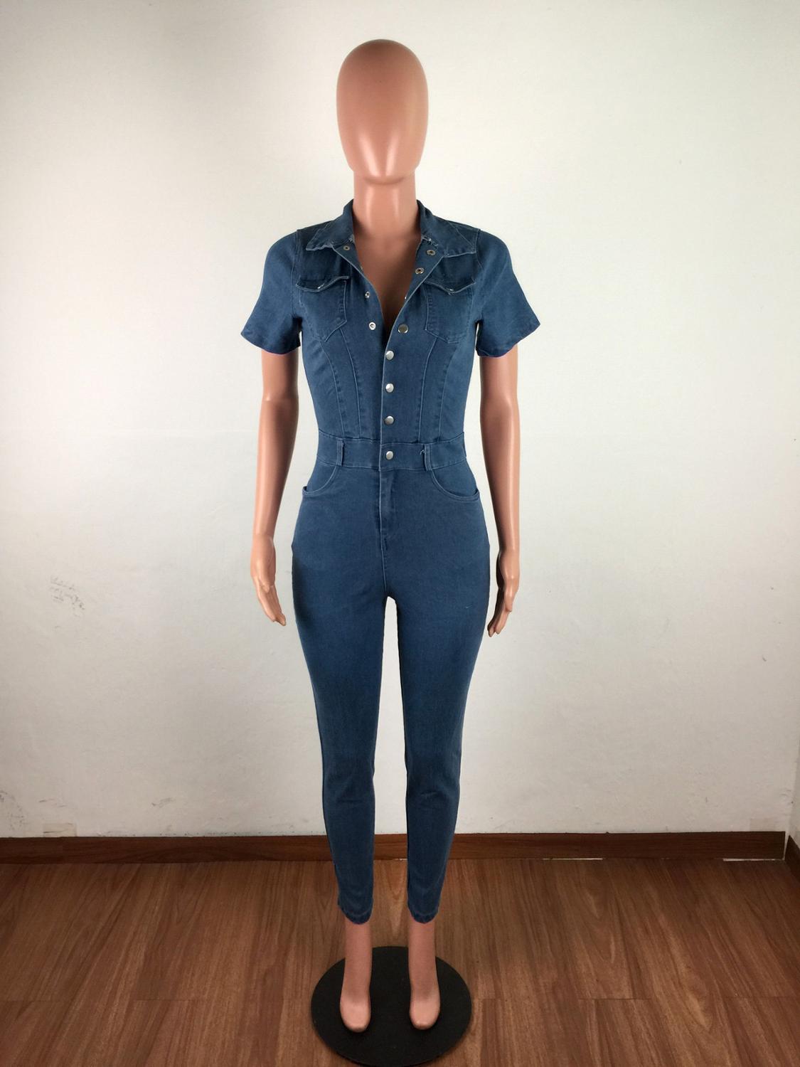 Tmustobe kesä rento sininen denim haalari naisille ohut lyhythihainen lyijykynä farkut laiha denim haalari nainen
