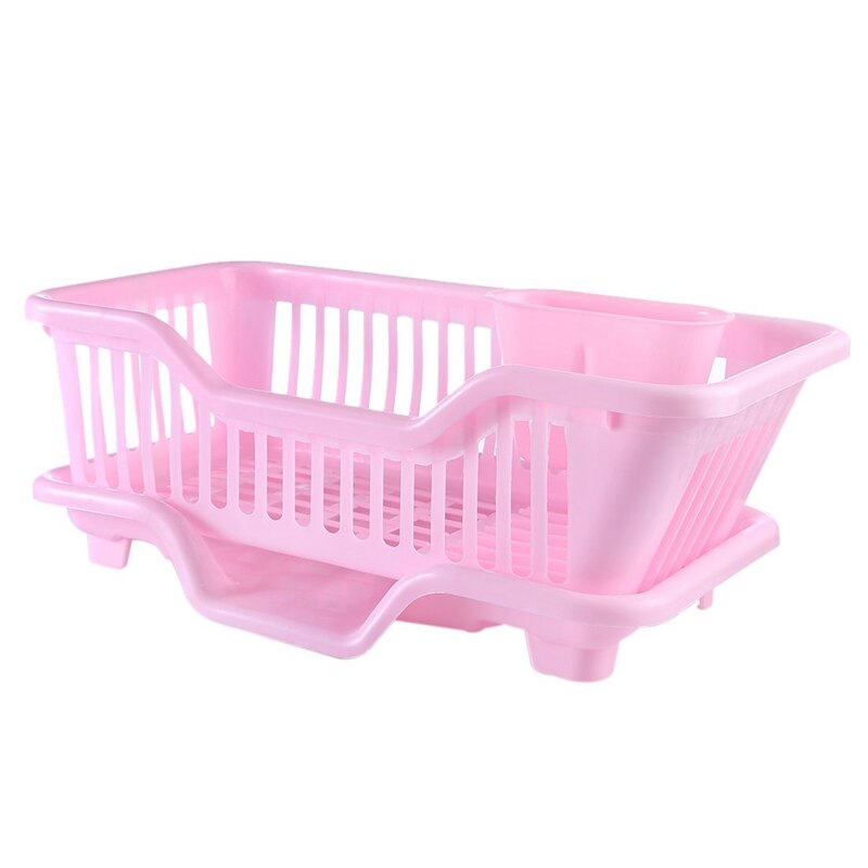 Environmental Plastic Kitchen Sink Dish Drainer Set Rack Washing Holder Basket Organizer Tray, Approx 17.5 x 9.5 x 7INCH (Pink)