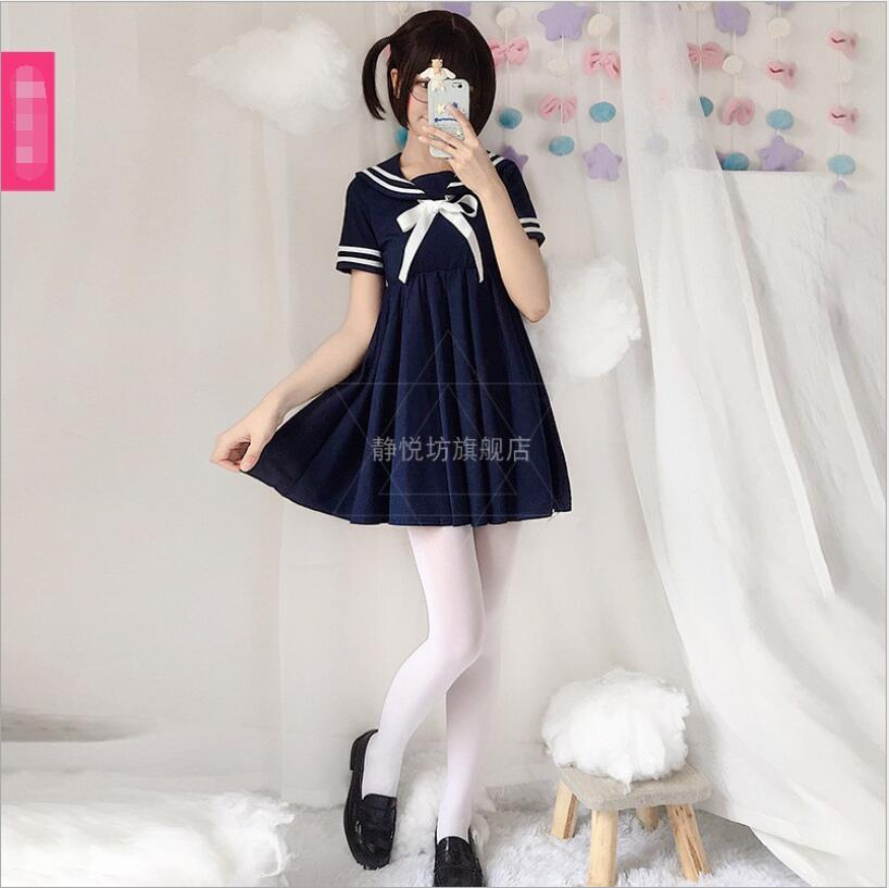 Vestido vintage de manga corta estilo azul marino para chicas adolescentes, estilo lolita japonés, estilo marinero, para estudiantes universitarias.