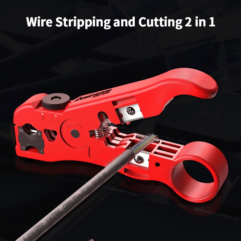 AMPCOM All-In-One Stripping Tool Cable Wire Stripper Compression Tool Coaxial Cable Stripper, Round Cable ,Cutter and Flat Cable