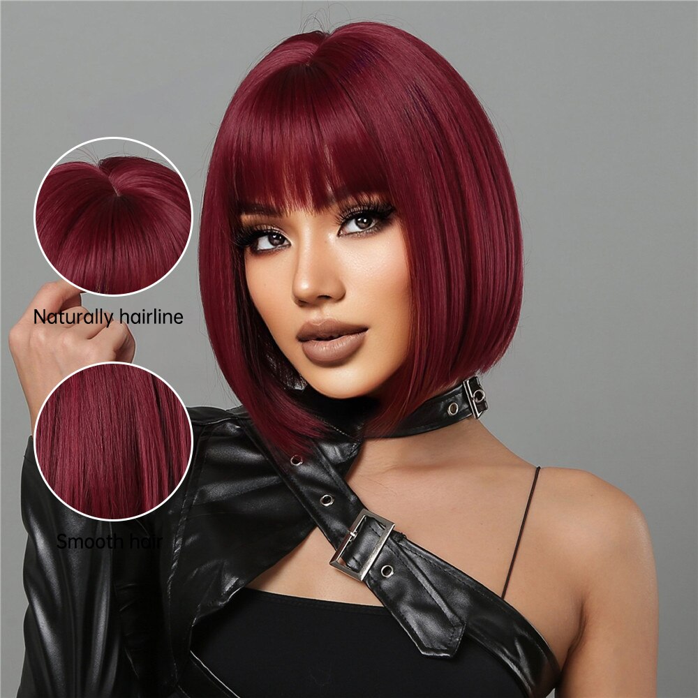 Vinho curto vermelho Bob perucas para mulheres Borgonha Bob perucas com Franja grossa peruca sintética resistente ao calor