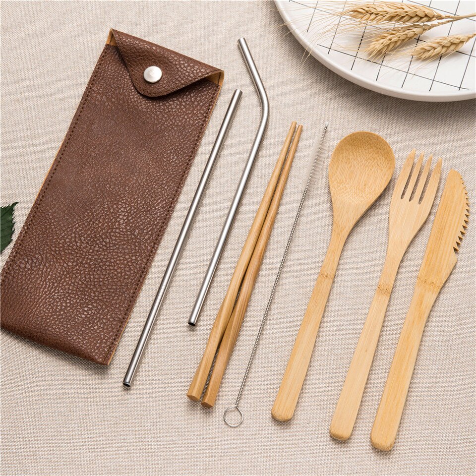 Servies Set Bestek Set Rietjes en Bamboe Vork Mes met Doek Tas Picknick voor Reizen Servies Camping Outdoor: 7pB