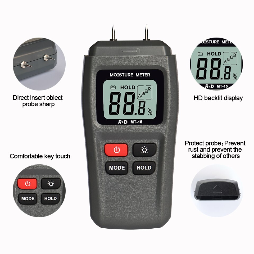 R&D MT15 Wood Moisture Meter Hygrometer Timber Damp Detector Tree Density tester Wood Humidity Tester with Backlight grey