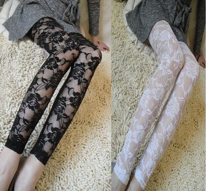 Women Stretch Crochet Lace Leggings Fitness Leggings Transparent Skinny Slim Sexy Hollow Out Rose Flower Trousers Perneiras