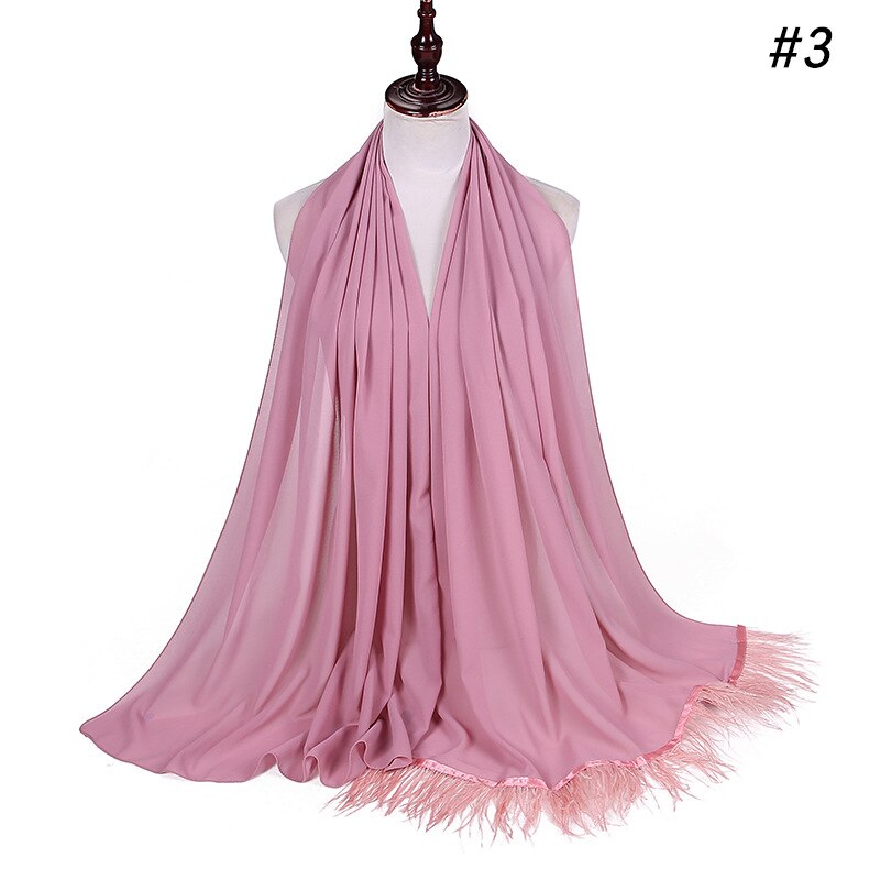Trend Feather Hijabs Turban Chiffon Single-Side Short Feather Stitching Scarf Long Shawl For Muslim Women Headscarf: 3 light rubber pink
