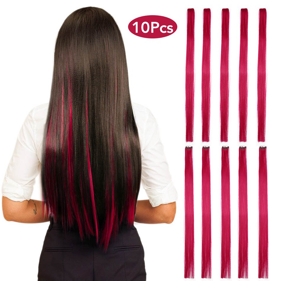 MEEPO Synthetic Hair Extensions 24 Inches Long Straight Hair 10Pieces/Set Colored Highlight Clip-In One Piece Pure Color: Light Red