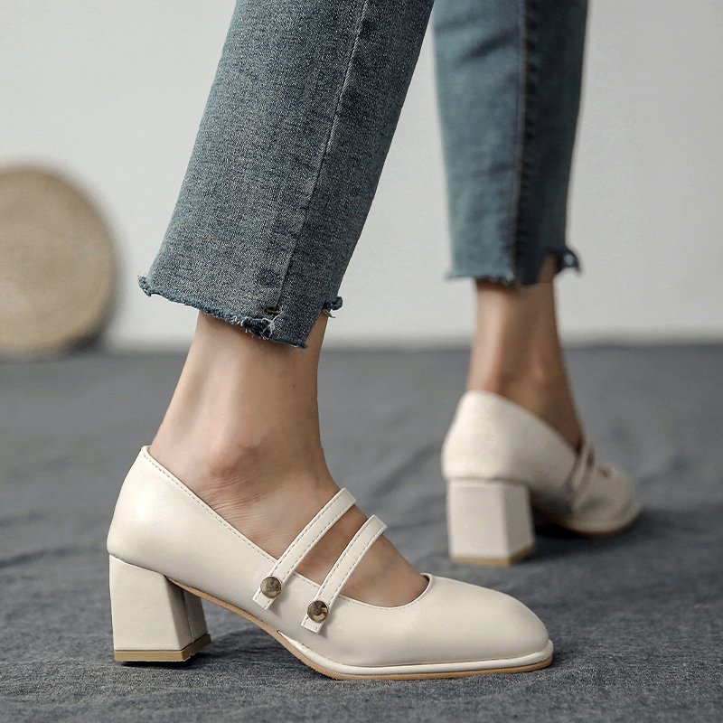 Women Mary Janes Shoes Square Toe Pumps Square Heeled Dress Shoes Double Band High Heels Big Size 41 42 Zapatos mujer 8835C
