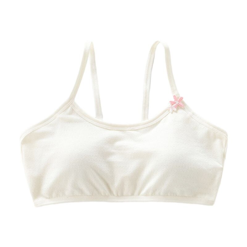 Teenager Puberty Girls Cotton Training Bra Spaghetti Straps Wire Free Sports Underwear Lightly Padded Embroidery Floral Applique: Yellow