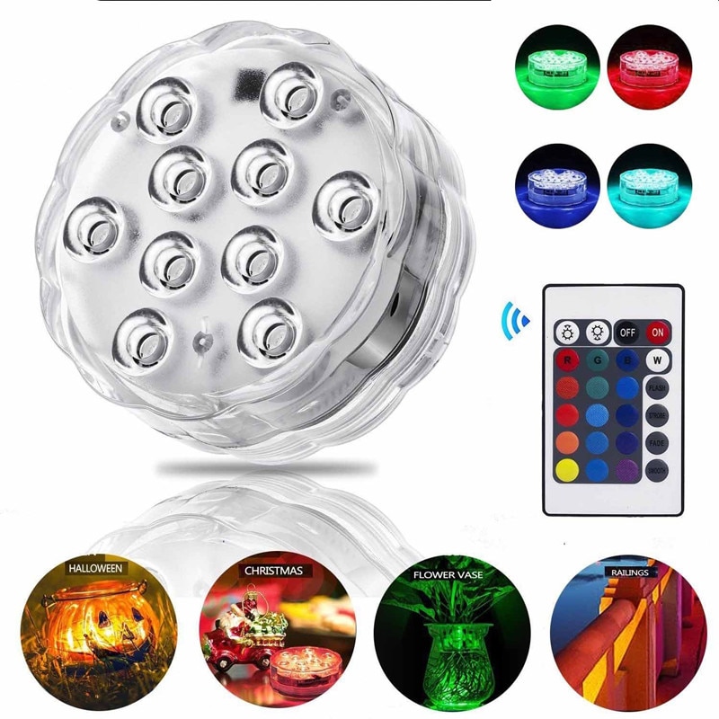 10 LED Remote Control RGB Submersible Light LED Underwater Light Battery Power Vase Bowl Garden Party Xmas Decor Lamp Waterproof