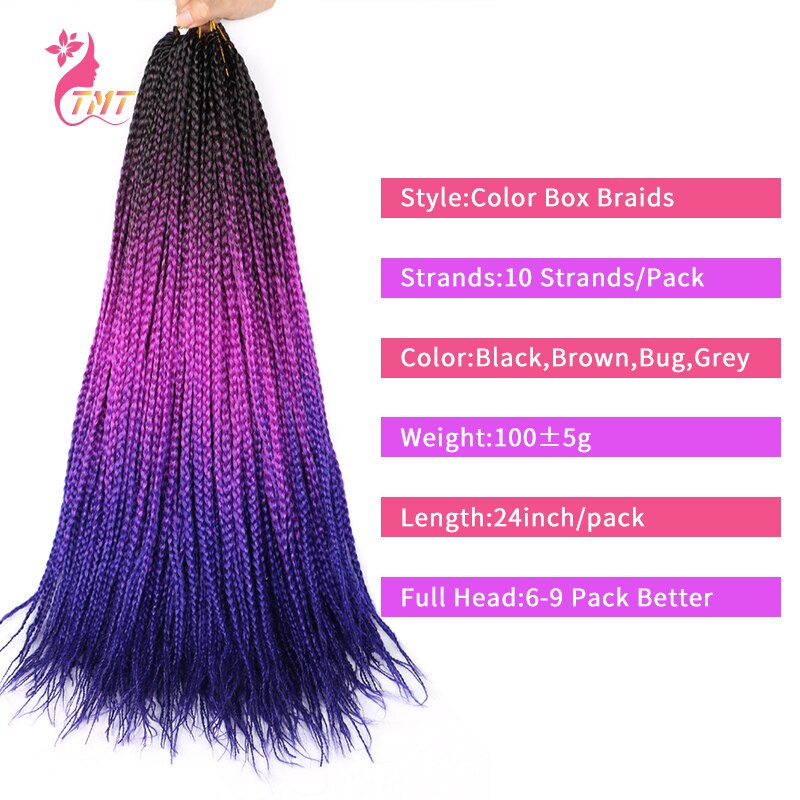 TMT 24Inch Crochet Hair Box Braids Long Purple Ombre Braiding Hair 10Strands Synthetic Rainbow Crochet Braids Hair for Women