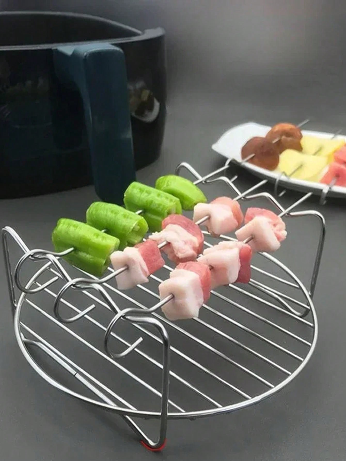 1pc Multifunctional Stainless Steel Double Layer Barbecue Box Air Fryer Cookware Rack Grill Accessories Circular Baking Tray BBQ
