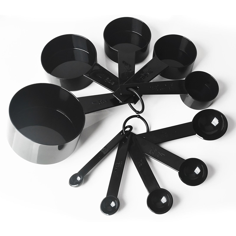10 Uds./5 uds. Tazas medidoras de plástico negro cuchara medidora herramientas de cocina Mini cucharas para hornear café té cocina Gadgets