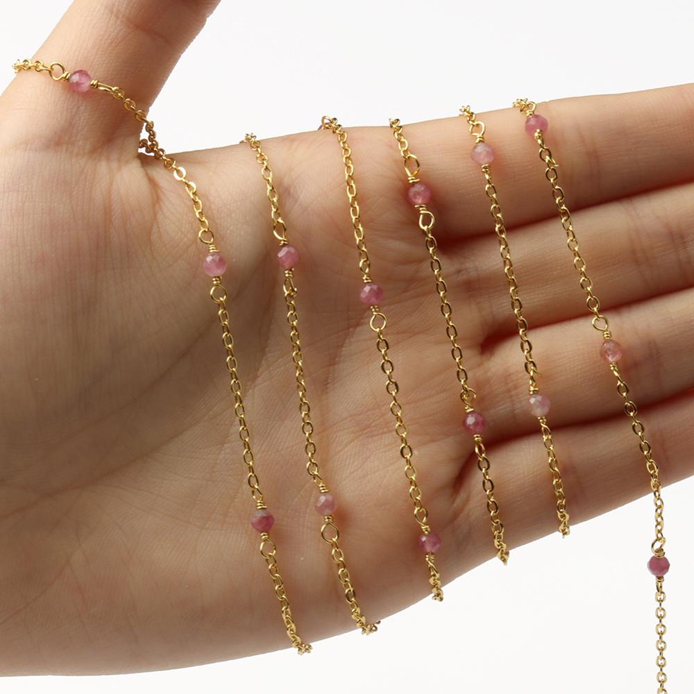 Gold Plated Stainless Steel Wire Wrapped Rosary Chain Stone Bead Chains for Jewelry Making DIY Bracelet Findings 1m/lot: strawberry quartz