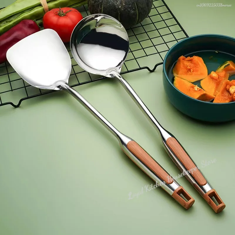 Espátula de Wok de acero inoxidable con mango largo, cuchara de arroz ranurada, cucharón, juego de utensilios de cocina,