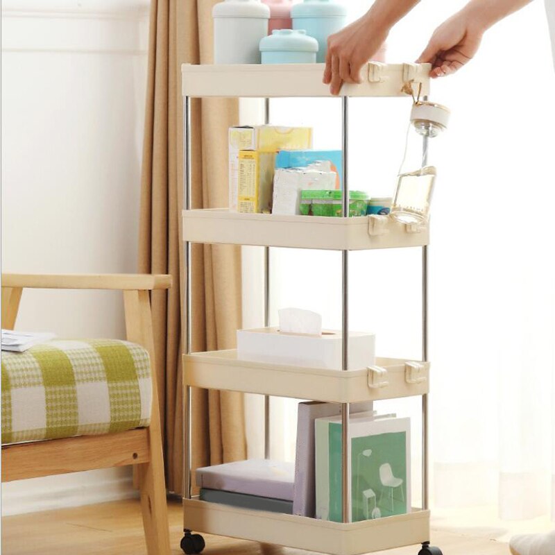 4 Layer space Kitchen Storage Rack Slim Slide Tower Movable Assemble Plastic Bathroom Shelf Space Saving Organizer-White