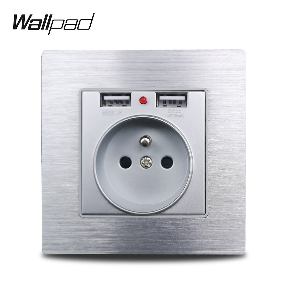 Wallpad S7 Grey Franse Stopcontact Met 2.1A 2 X Usb Opladen Poorten, zilver Aluminium Panel Enkele Stopcontact Metalen Plaat: Silver