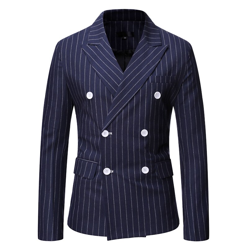 Men's Double Brested Pinstripe Suit Jacket Brand Slim Fit Notched Lapel Dress Blazer Men Casual Business Formal Blazer Masculino: navy / M