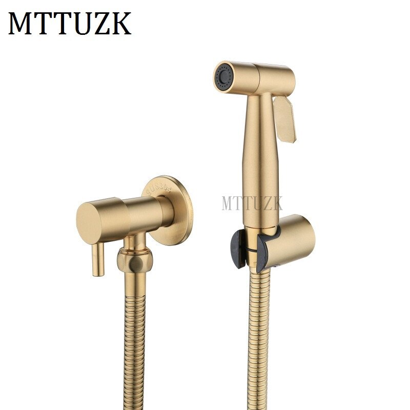 304 Stainless Steel Matt Black Bidet Bathroom Hand Shower Bidet Toilet Sprayer Hygienic Shower Bidet Tap Wall Mount Bidet Faucet: brush gold Bidet set