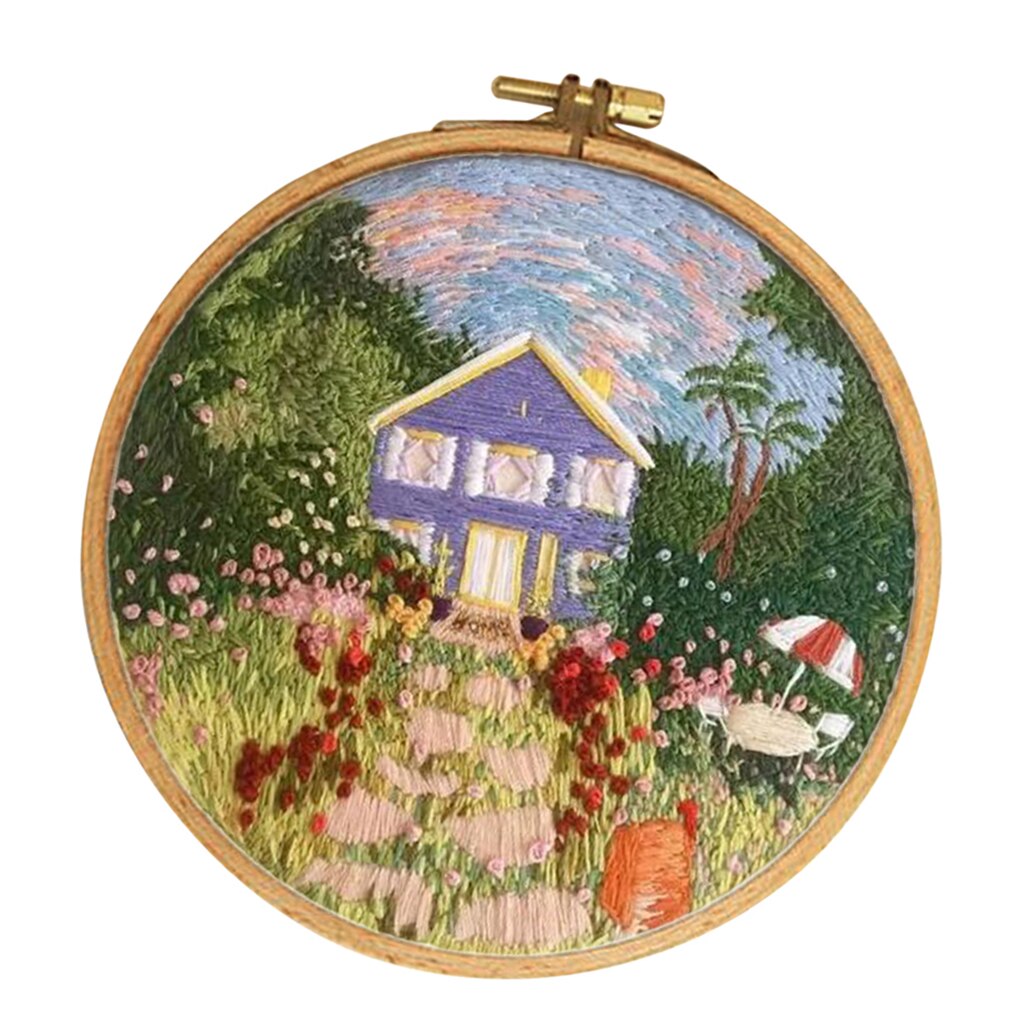 Embroidery Starter Kit - Colorful House Pattern, Pre-Printed Embroidery Cloth DIY Needlework Crafts