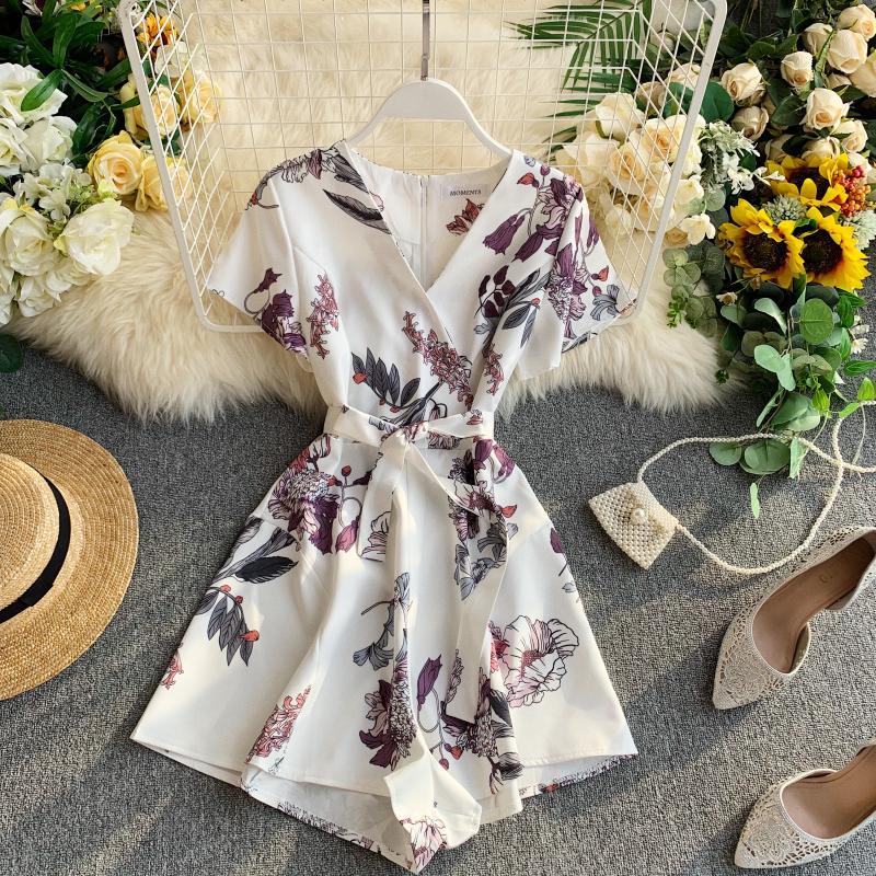 Mono Vintage bohemio ajustado con estampado floral para mujer, pelele Sexy informal con cuello en V para mujer, traje corto de estilo veraniego para playa y vacaciones,: Blanco