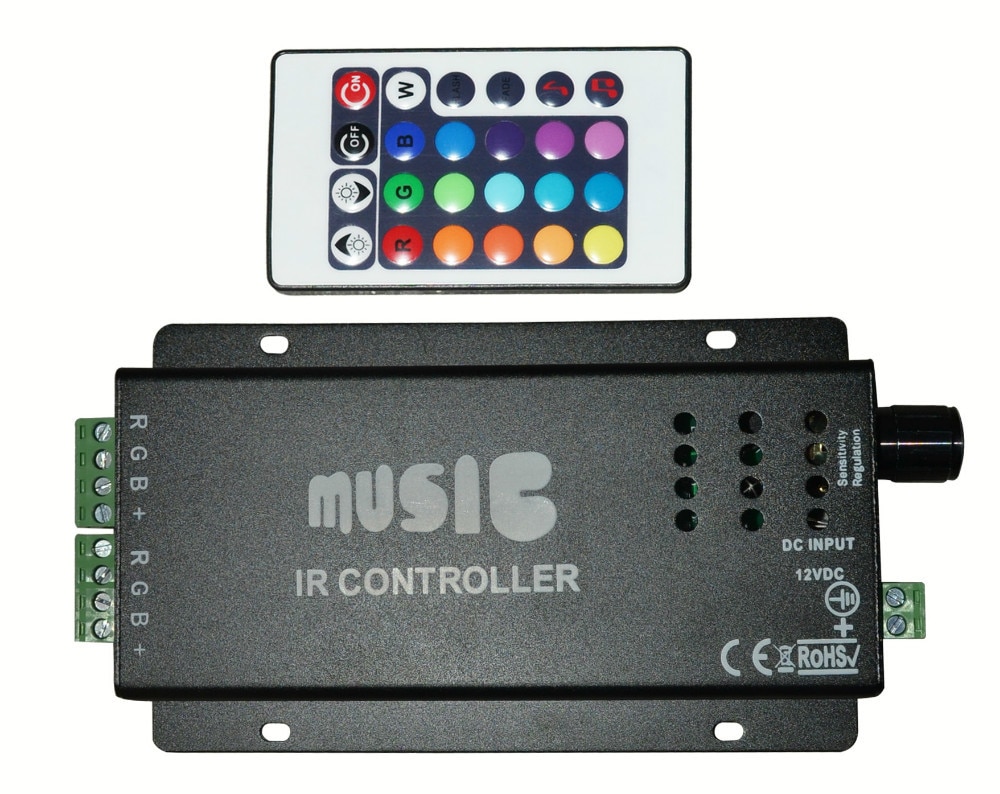 RGB LED music controller with 24key IR remote;DC12-24V input;6A*3CH output