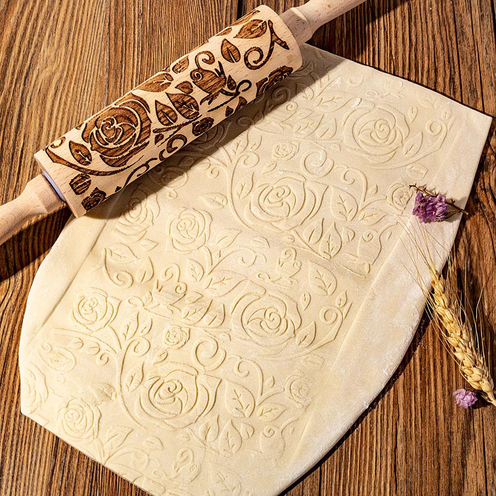 Kid Manual Rolling Pins Engraved with Designe Patterns Wooden Roller For Baking Embossed Cookies kitchen tools Christmas