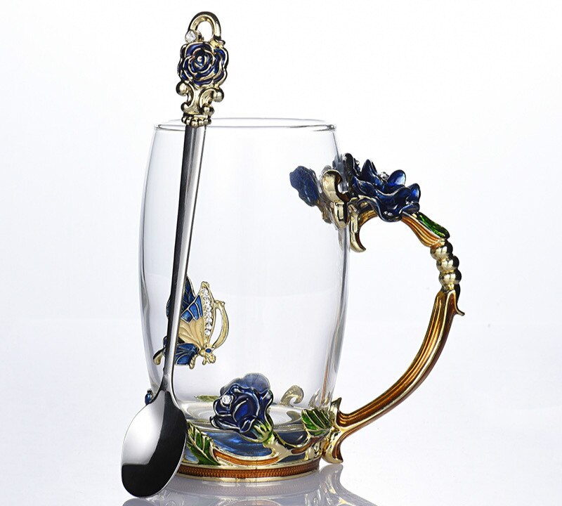 Europäischen Stil Emaille Glas Tasse Kaffee Milch Trinken Blume Getränk Tee Tasse einstellen mit Deckel Löffel Kasten Paar Glas typ bilden: Blau hoch
