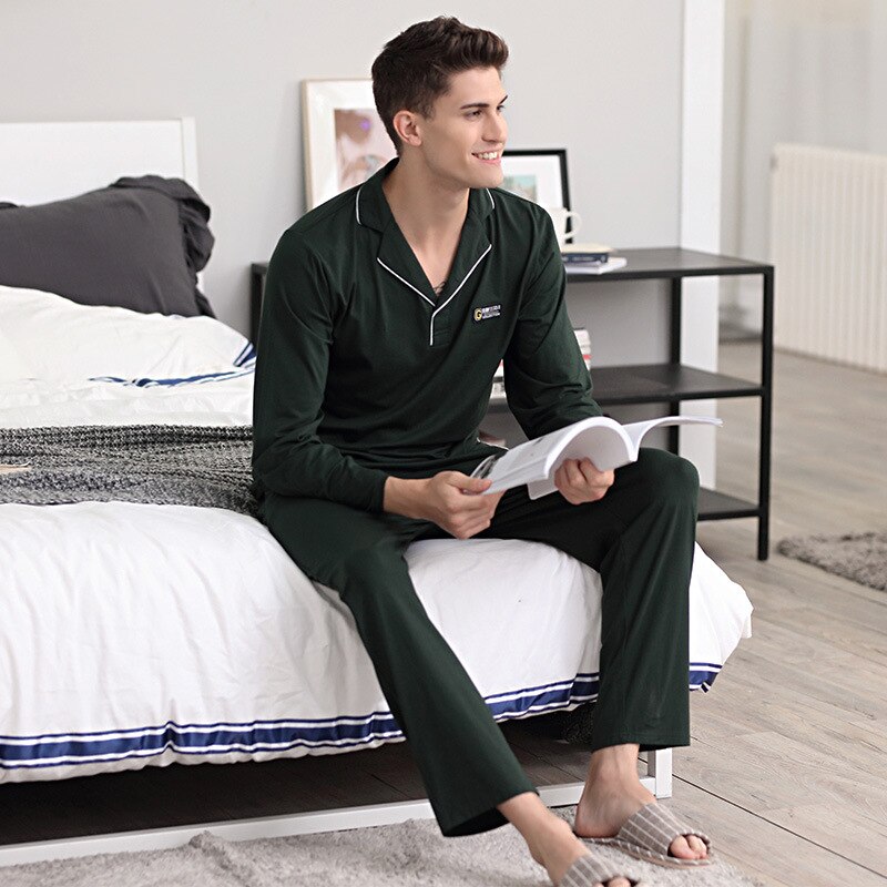 Super doux hommes modal nuit-costume couleur unie revers vêtements de nuit homme armée vert automne pyjama ensemble tout coton bleu confortable homecloth