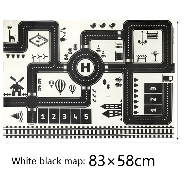 Nuovo 130X100 CM Nordic giocattolo neve tappeti per auto mappa giochi per bambini coperta di zona pad urban road map gioco pieghevole costruzione di parcheggio: White black 83x58